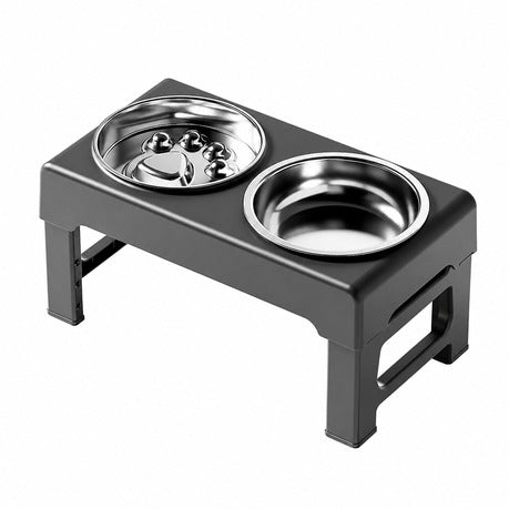 Adjustable Elevated Dual Pet Bowl Stand with Slow-feeder bowl water bowl - black