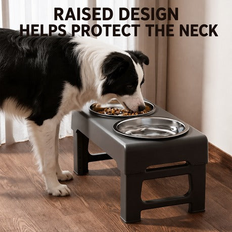 Adjustable Elevated Dual Pet Bowl Stand with Slow-feeder bowl water bowl - black