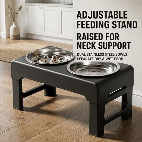 Adjustable Elevated Dual Pet Bowl Stand with Slow-feeder bowl water bowl - black