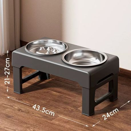 Adjustable Elevated Dual Pet Bowl Stand with Slow-feeder bowl water bowl - black