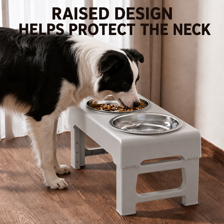 Adjustable Elevated Dual Pet Bowl Stand with Slow-feeder bowl water bowl -  gray