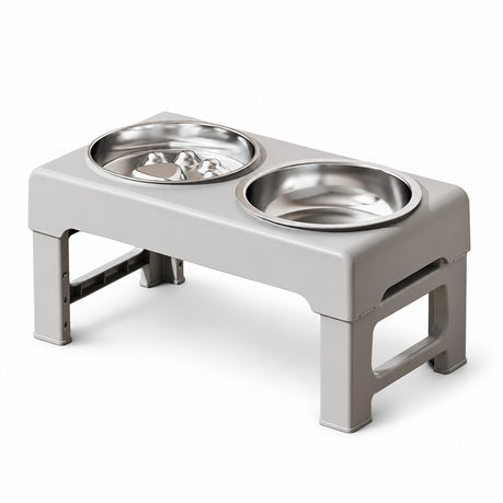 Adjustable Elevated Dual Pet Bowl Stand with Slow-feeder bowl water bowl -  gray