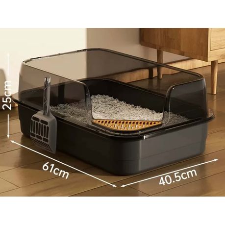 Spacious Rectangular Cat Litter Box with High Transparent Walls-Black
