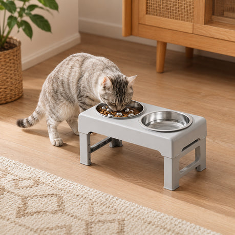 Adjustable Elevated Dual Pet Bowl Stand with Slow-feeder bowl water bowl -  gray