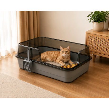 Spacious Rectangular Cat Litter Box with High Transparent Walls-Gray