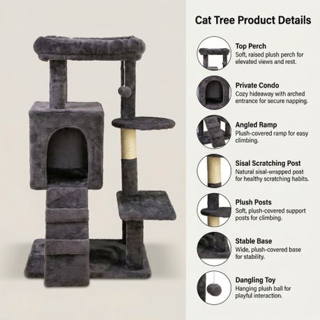 Cat Tree House Tower & Climbing Frame Sisal Post - 90cm Dark Gray
