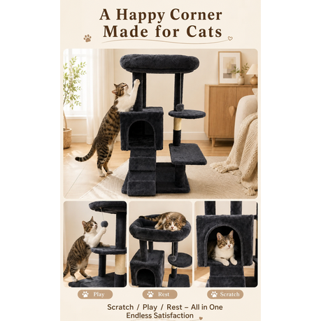 Cat Tree House Tower & Climbing Frame Sisal Post - 90cm Dark Gray