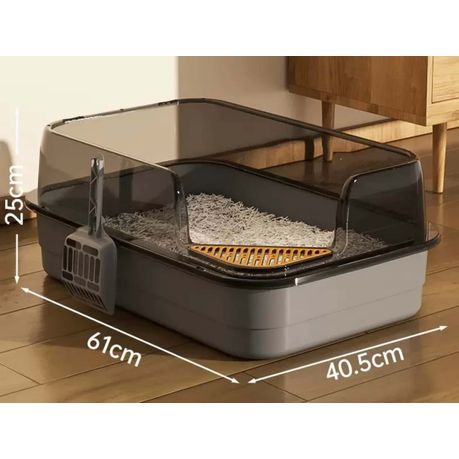 Spacious Rectangular Cat Litter Box with High Transparent Walls-Gray