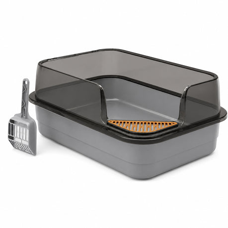 Spacious Rectangular Cat Litter Box with High Transparent Walls-Gray