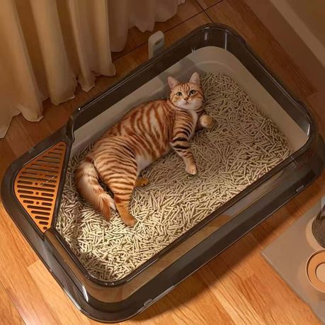 Spacious Rectangular Cat Litter Box with High Transparent Walls-Black